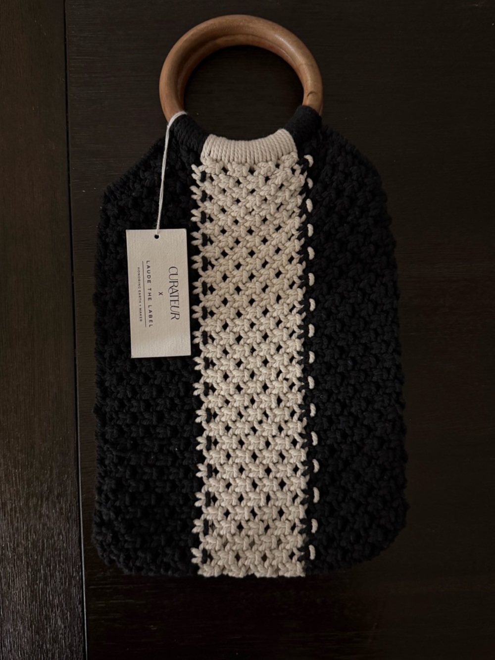 Curateur x Laude the Label Black & Cream Crochet Handbag with Wooden Handles